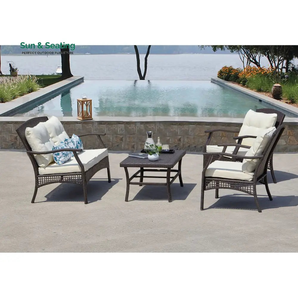 Alfonsiee Outdoor Sofa Set 2 Seater 2 Single seater and 1 Center Table (Brown + Cream) Sofa Sets