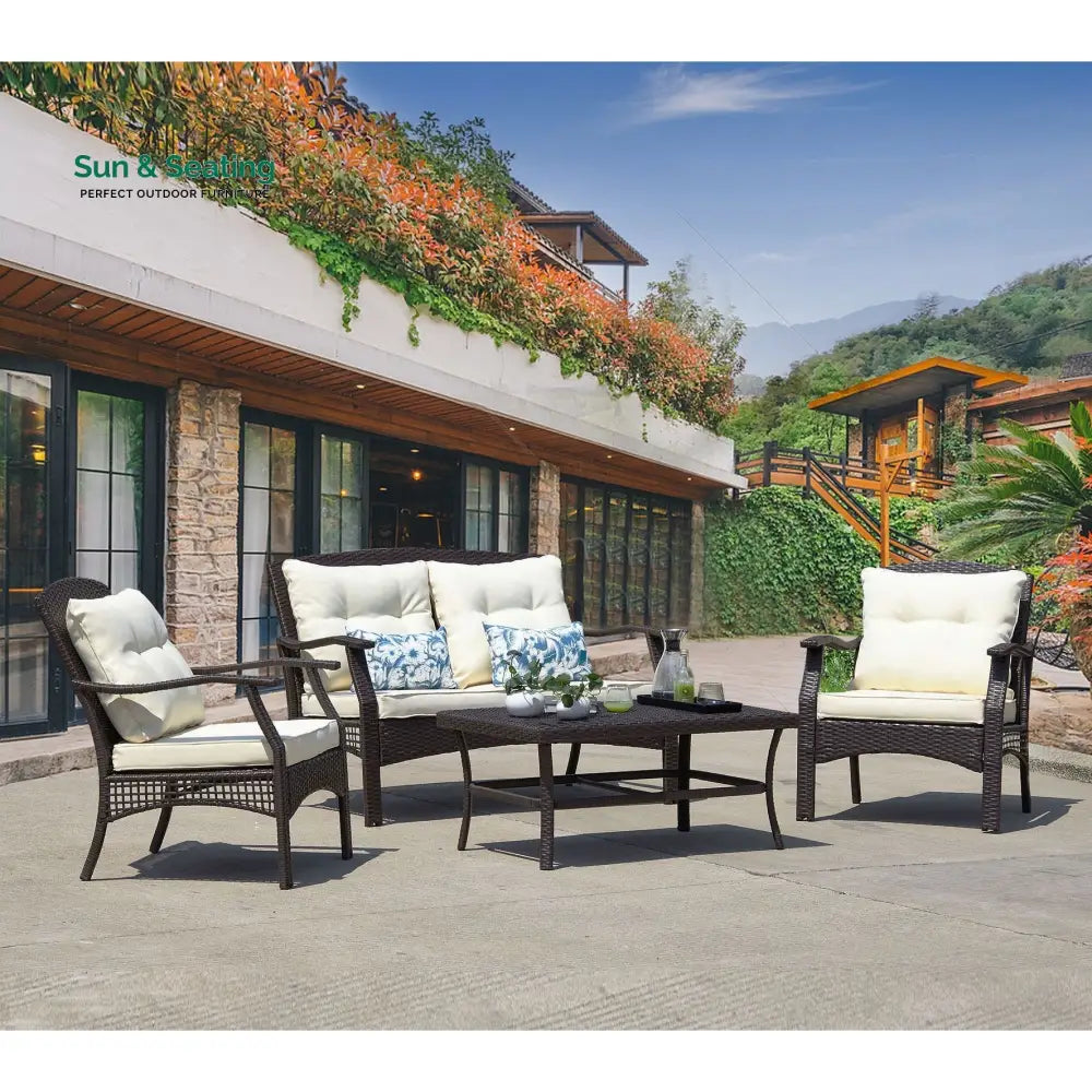 Alfonsiee Outdoor Sofa Set 2 Seater 2 Single seater and 1 Center Table (Brown + Cream) Sofa Sets