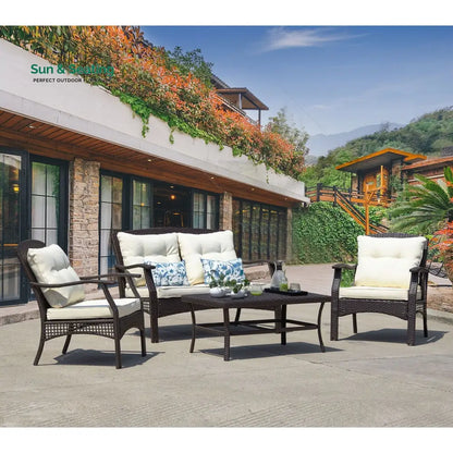 Alfonsiee Outdoor Sofa Set 2 Seater 2 Single seater and 1 Center Table (Brown + Cream) Sofa Sets