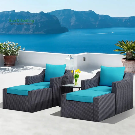 Alfonso Outdoor Patio Sofa Set 2 Single Seater 2 ottoman and 1 Center Table Set (Black + Blue) Sofa Sets