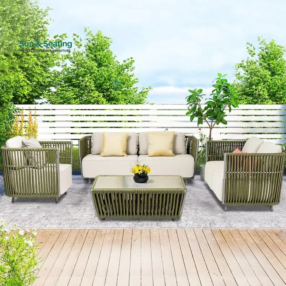 Alma All-Weather Rope 5 Seater Sofa Set With Glass Top Table Sofa Set