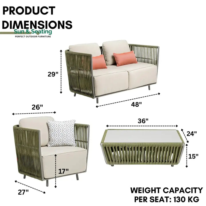 Alma All-Weather Rope 5 Seater Sofa Set With Glass Top Table Sofa Set