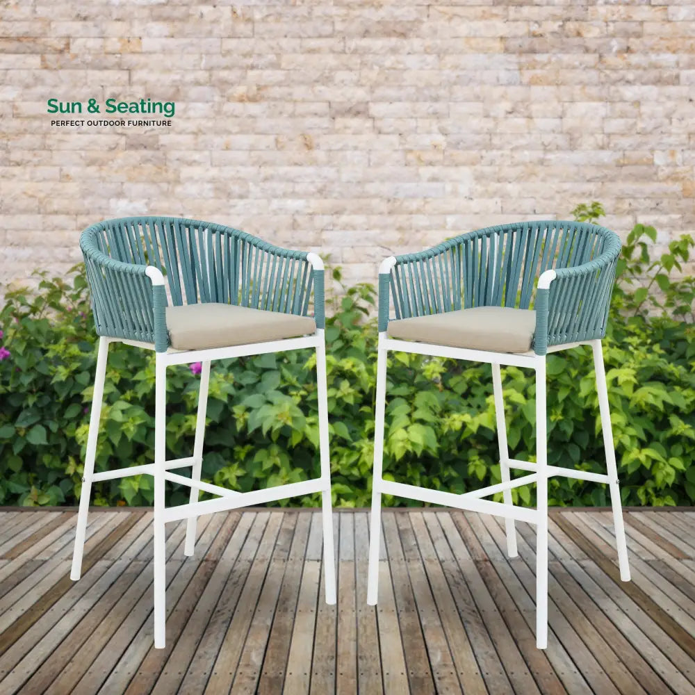 Alp Outdoor Patio Bar Chair 2 Chair For Balcony Braided & Rope White + Green Bar Sets
