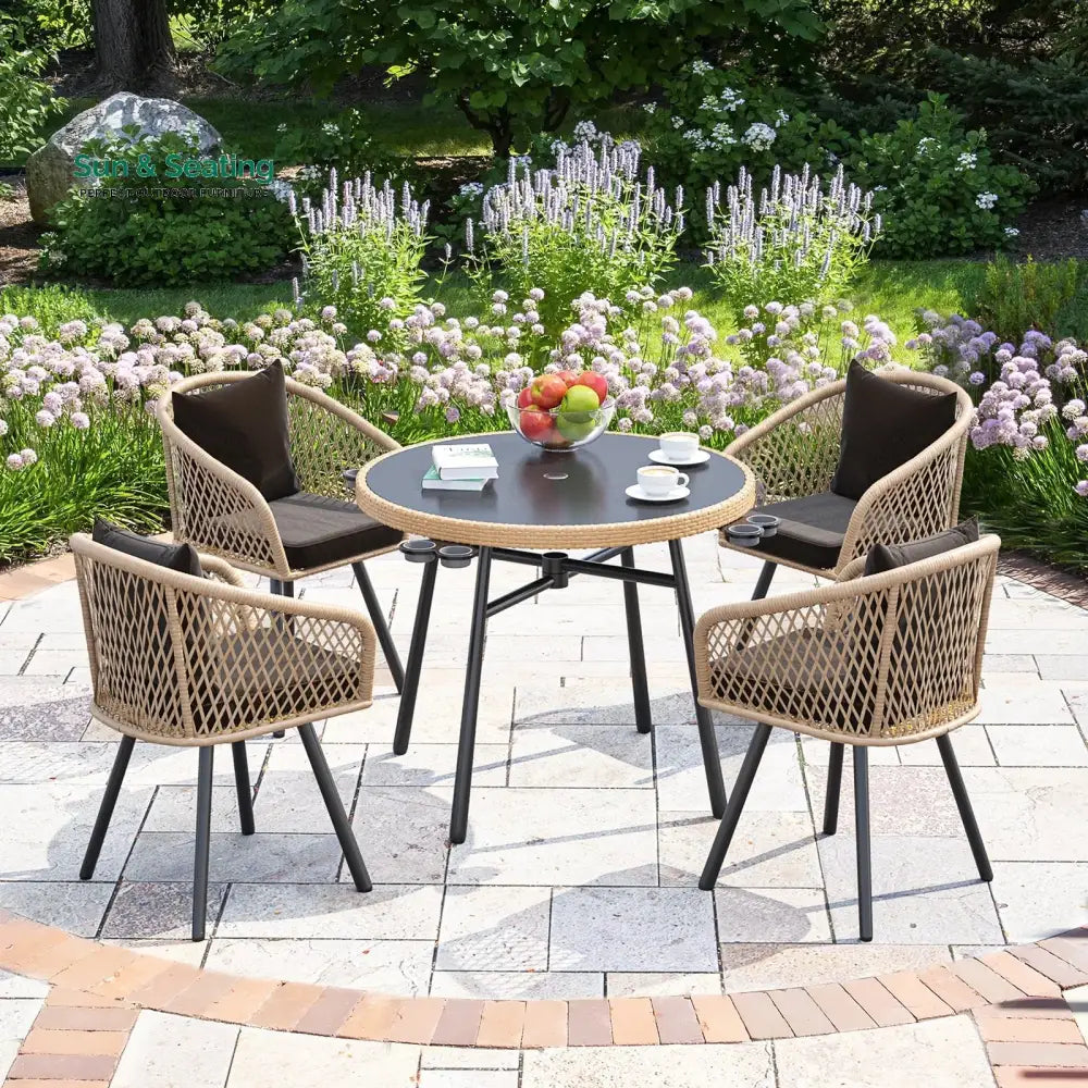 Alux Outdoor Patio Seating Set 4 Chairs and 1 Table Set (Tan + Black) Coffee Table Sets