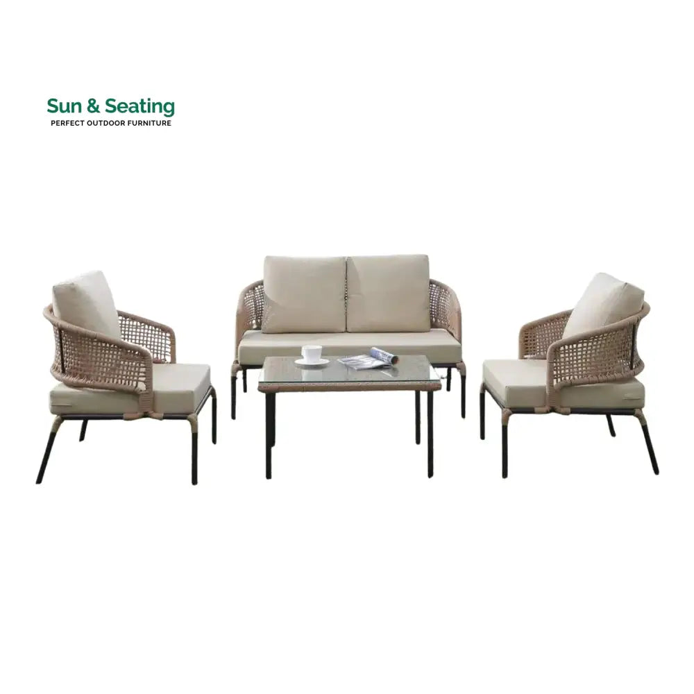 Amaya All-Weather Patio Rope Sofa Set with Glass Top Coffee Table Sofa Set