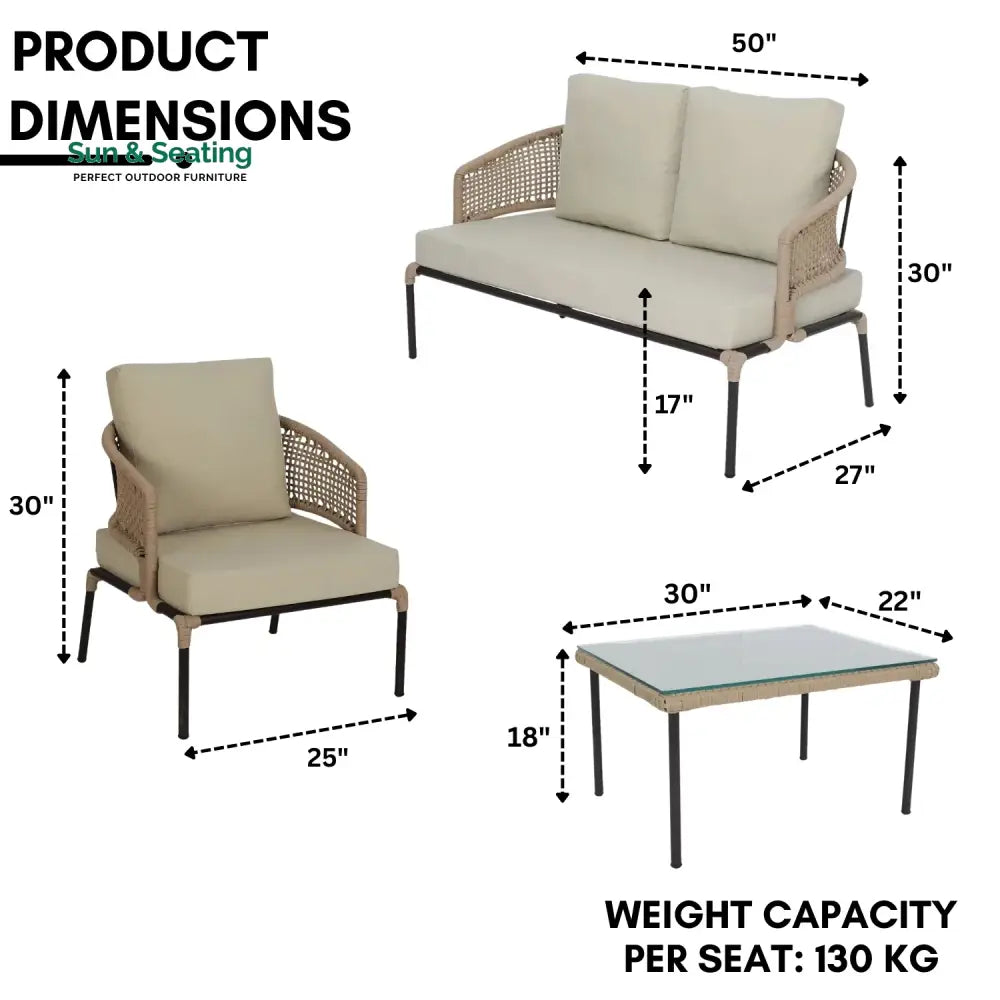 Amaya All-Weather Patio Rope Sofa Set with Glass Top Coffee Table Sofa Set