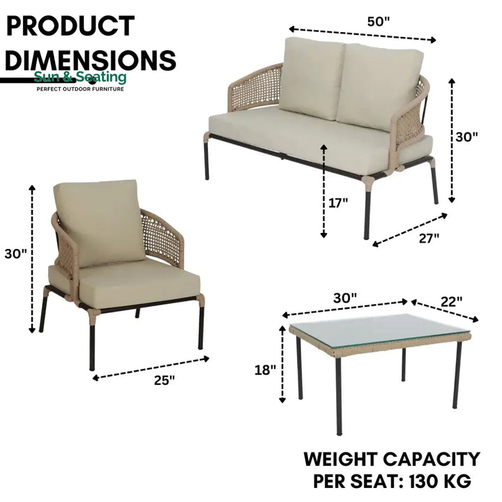 Amaya All-Weather Patio Rope Sofa Set with Glass Top Coffee Table Sofa Set