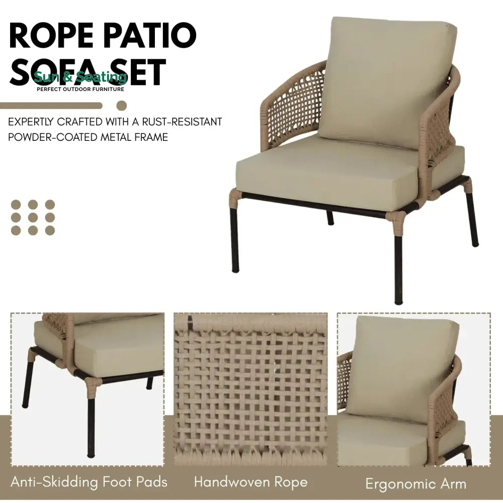 Amaya All-Weather Patio Rope Sofa Set with Glass Top Coffee Table Sofa Set