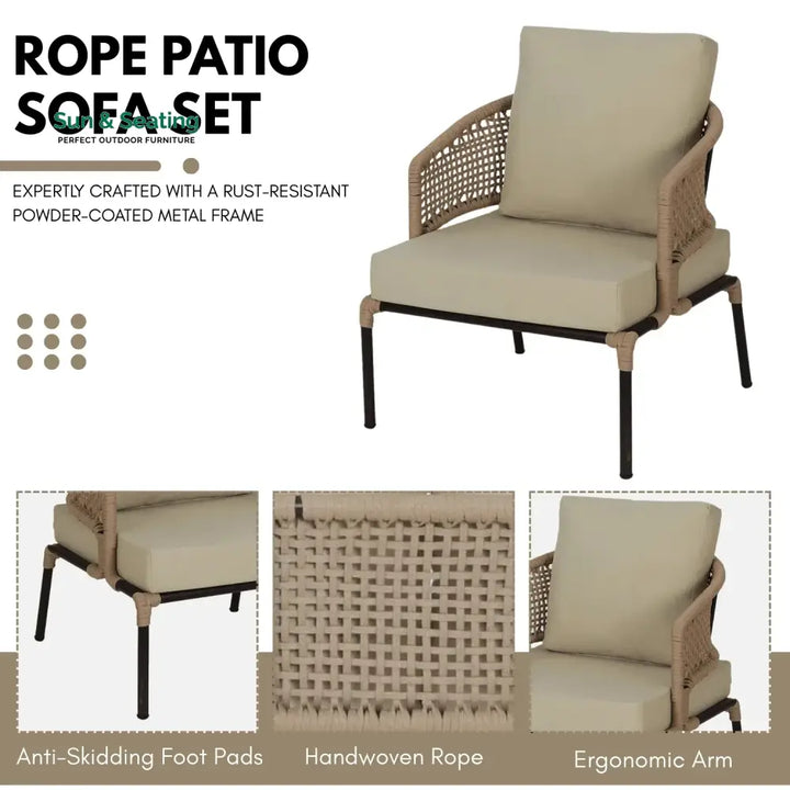 Amaya All-Weather Patio Rope Sofa Set with Glass Top Coffee Table Sofa Set