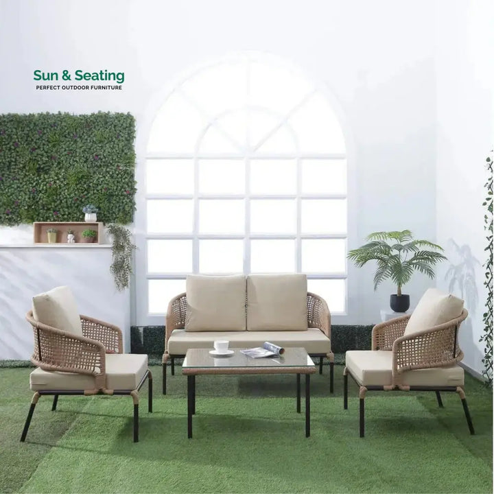 Amaya All-Weather Patio Rope Sofa Set with Glass Top Coffee Table Sofa Set