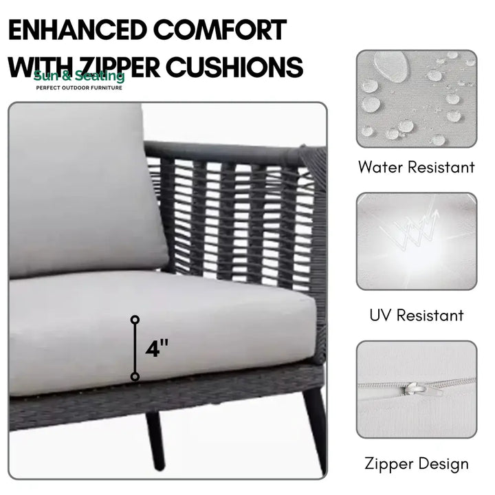 Amirah Outdoor Grey Rope 7-Seater Sofa Set With Glass Top Table Sofa Set