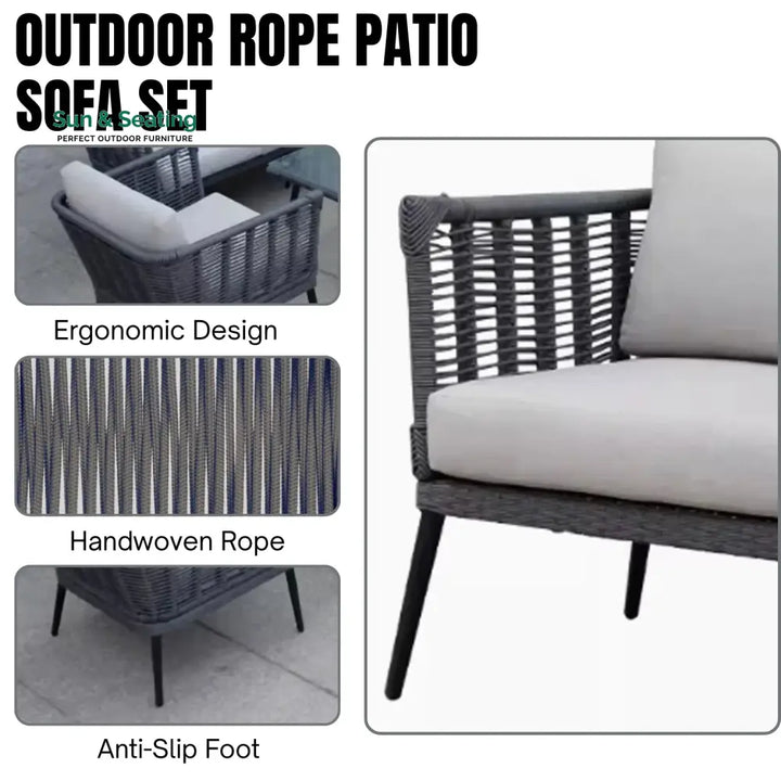 Amirah Outdoor Grey Rope 7-Seater Sofa Set With Glass Top Table Sofa Set