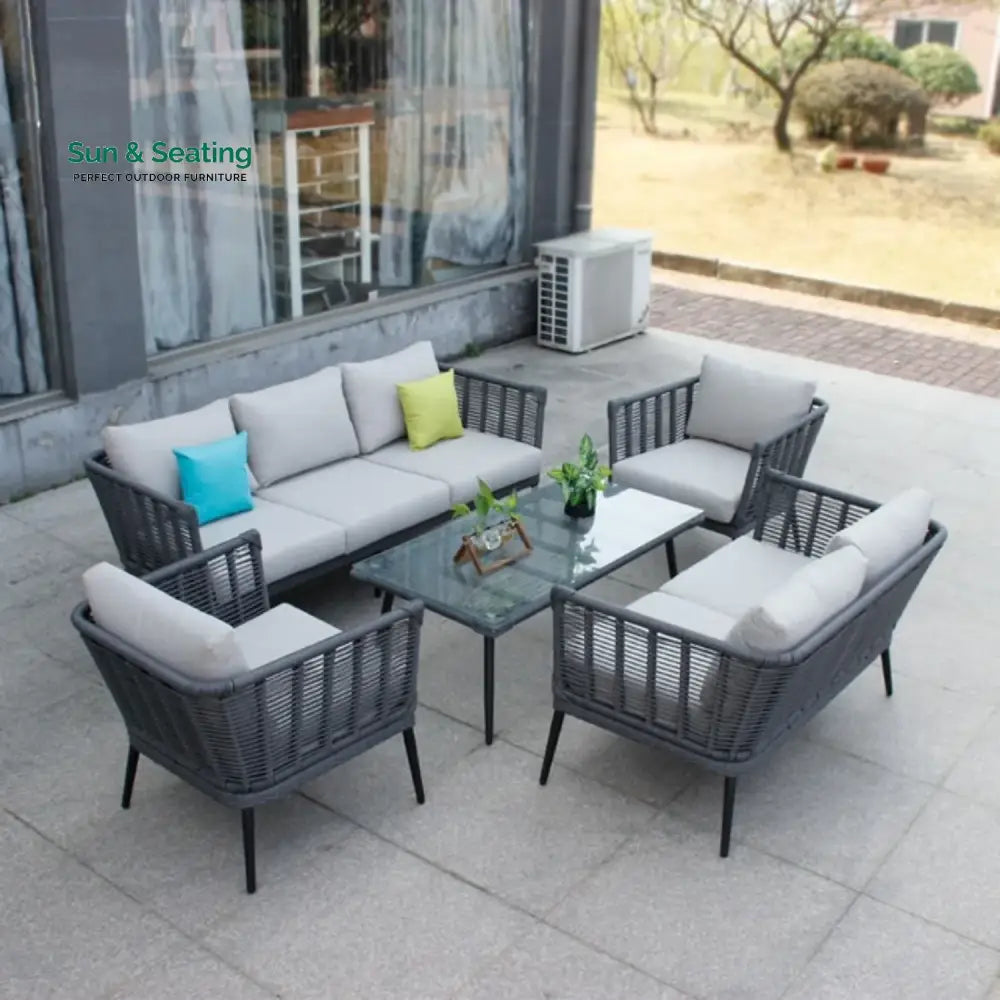 Amirah Outdoor Grey Rope 7-Seater Sofa Set With Glass Top Table Sofa Set