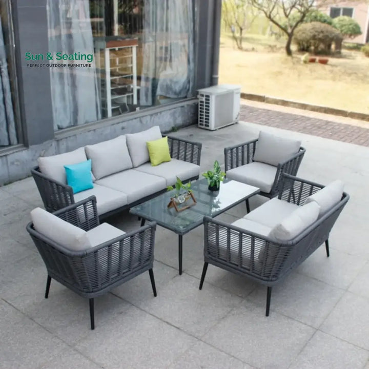 Amirah Outdoor Grey Rope 7-Seater Sofa Set With Glass Top Table Sofa Set