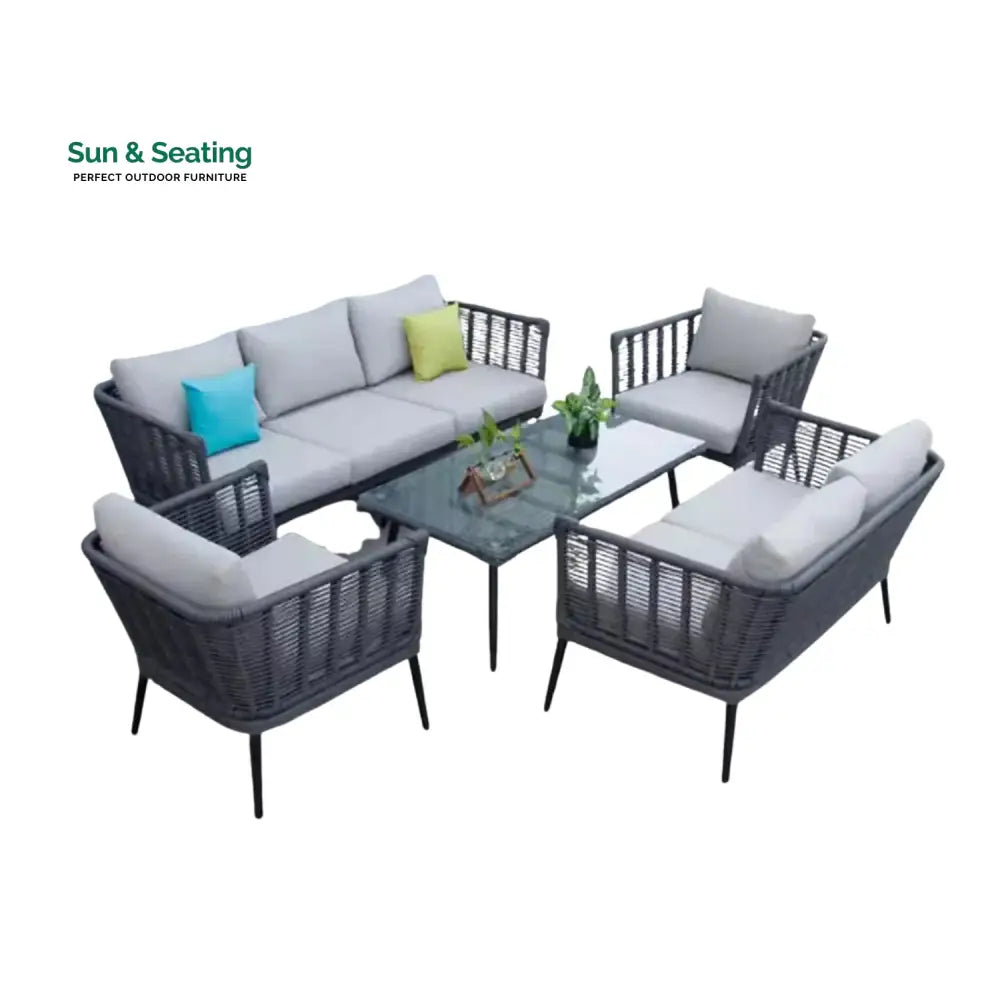 Amirah Outdoor Grey Rope 7-Seater Sofa Set With Glass Top Table Sofa Set