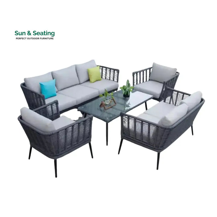 Amirah Outdoor Grey Rope 7-Seater Sofa Set With Glass Top Table Sofa Set