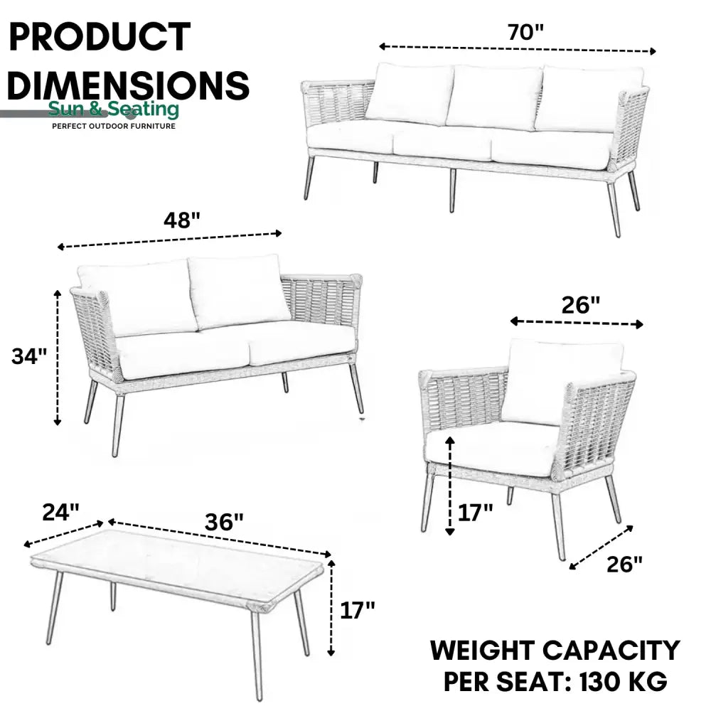 Amirah Outdoor Grey Rope 7-Seater Sofa Set With Glass Top Table Sofa Set