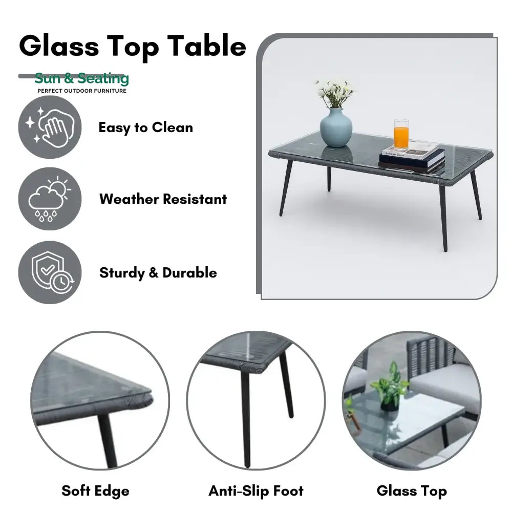 Amirah Outdoor Grey Rope 7-Seater Sofa Set With Glass Top Table Sofa Set