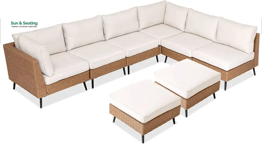 Ammar Outdoor Sofa Set 6 Seater and Single Seater with 2 Ottoman Set (Beige) Sofa Sets