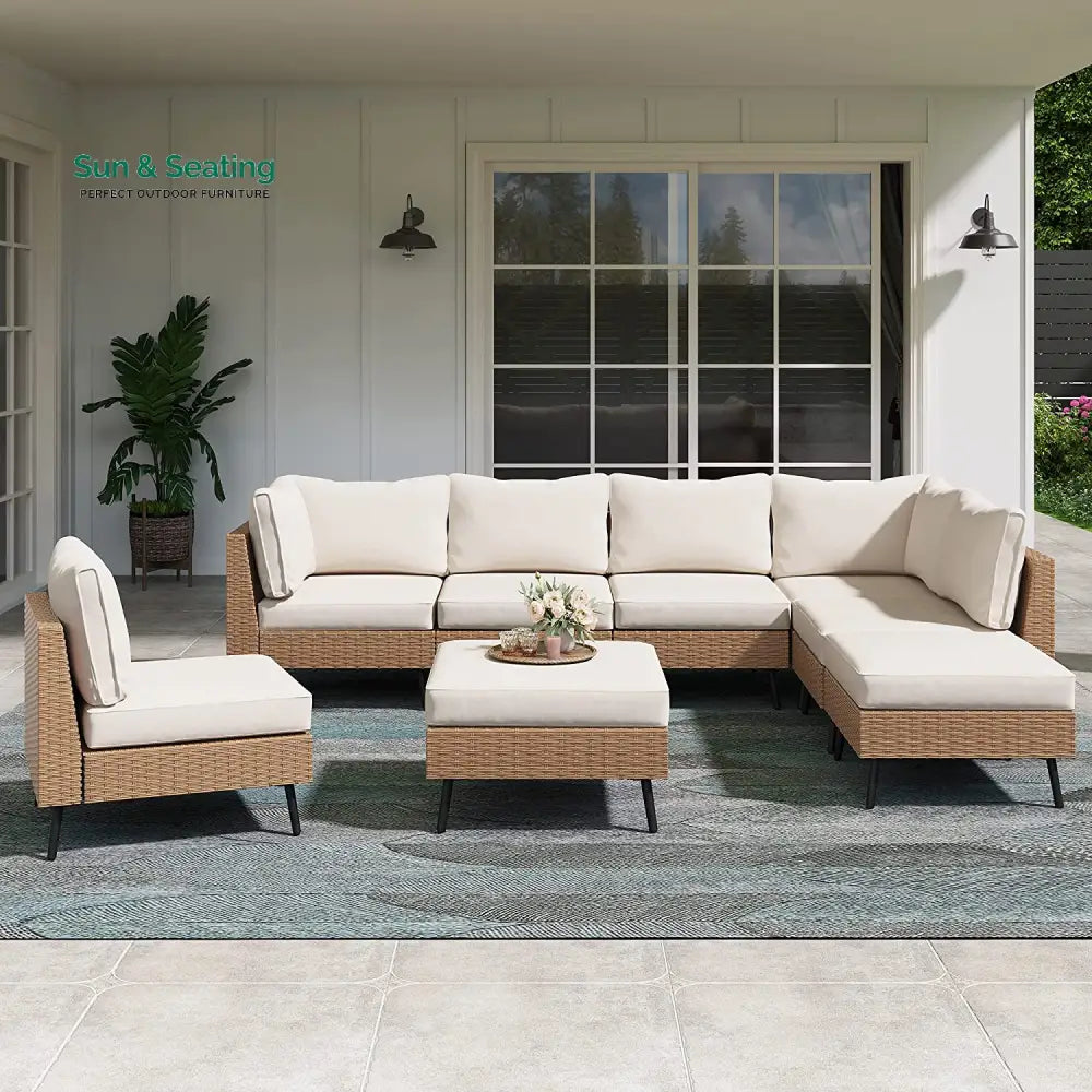 Ammar Outdoor Sofa Set 6 Seater and Single Seater with 2 Ottoman Set (Beige) Sofa Sets