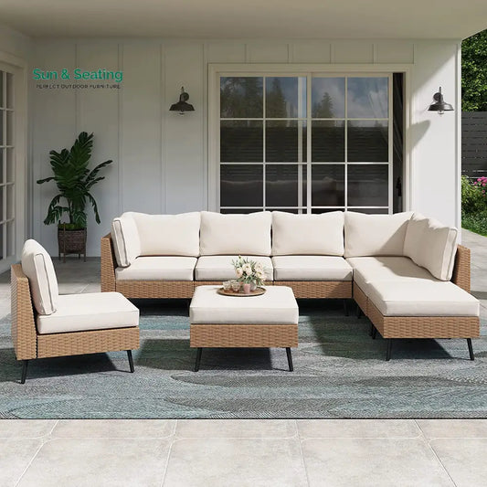 Ammar Outdoor Sofa Set 6 Seater and Single Seater with 2 Ottoman Set (Beige) Sofa Sets