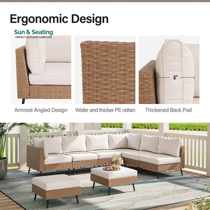 Ammar Outdoor Sofa Set 6 Seater and Single Seater with 2 Ottoman Set (Beige) Sofa Sets