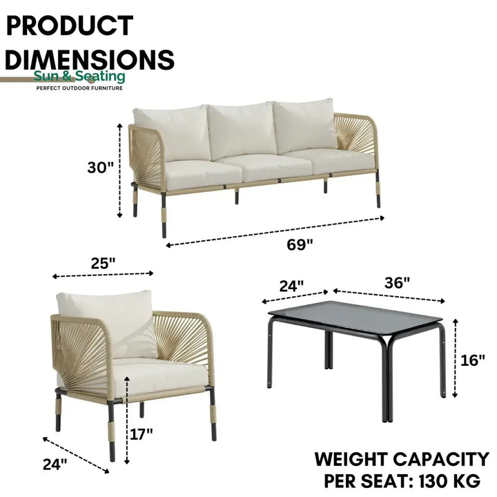 Amoura Outdoor Rope 5-Seater Sofa Set With Glass Top Table Sofa Set