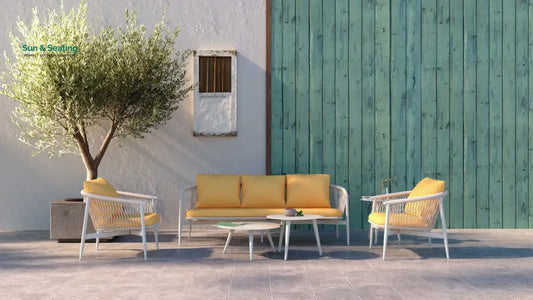 Amvi Outdoor Sofa Set 3 Seater 2 Single seater and 2 Center Table Set (White + Yellow) Braided & Rope Sofa Sets