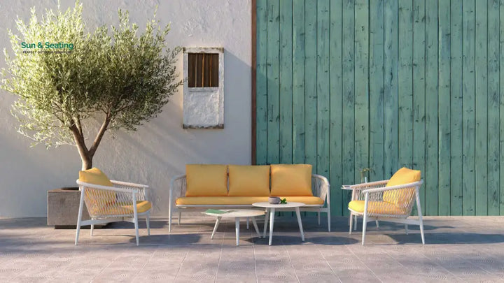 Amvi Outdoor Sofa Set 3 Seater 2 Single seater and 2 Center Table Set (White + Yellow) Braided &amp; Rope Sofa Sets