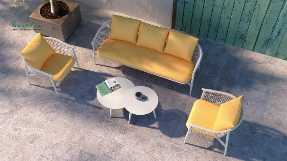 Amvi Outdoor Sofa Set 3 Seater 2 Single seater and 2 Center Table Set (White + Yellow) Braided &amp; Rope Sofa Sets