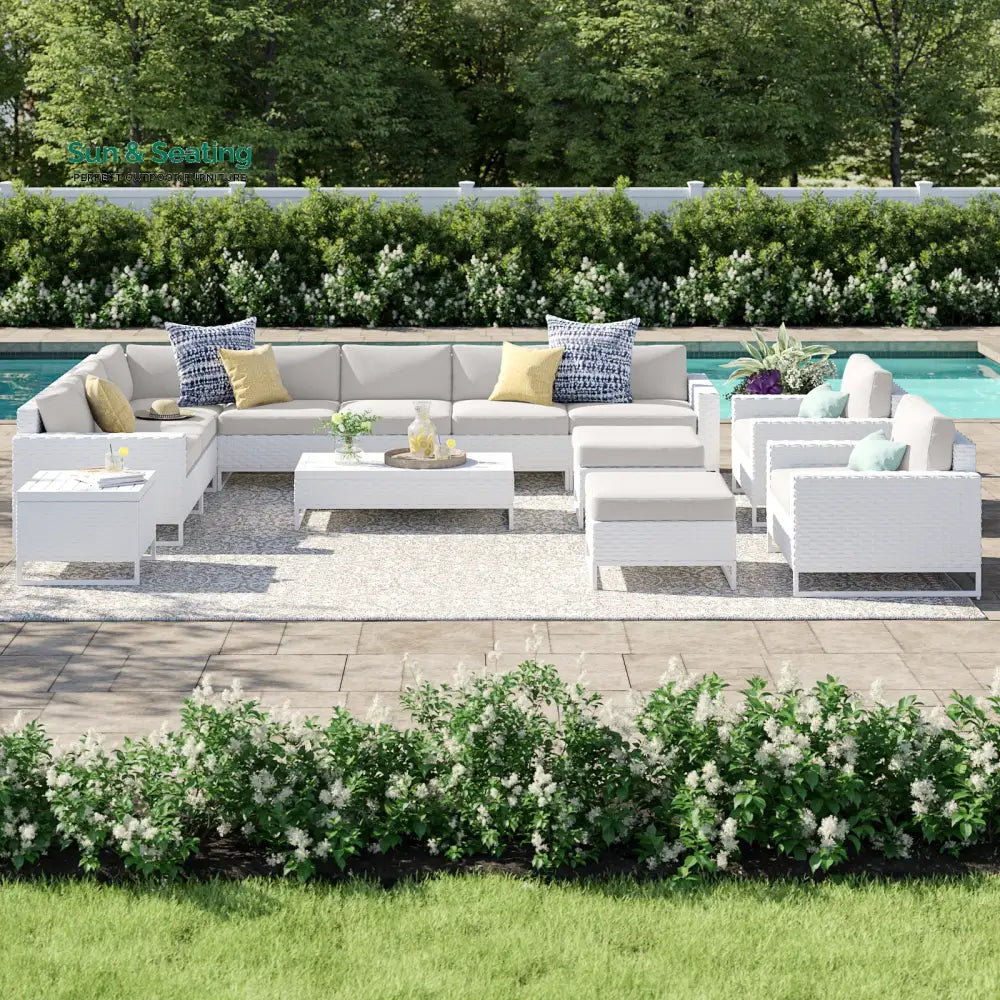 Angerona Outdoor Sofa Set 7 Seater 2 Single seater and 1 Center Table 1 Side Table With 2 Ottoman Set (White) Beige