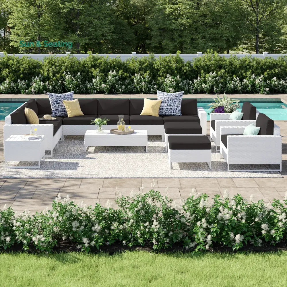 Angerona Outdoor Sofa Set 7 Seater 2 Single seater and 1 Center Table 1 Side Table With 2 Ottoman Set (White) Black