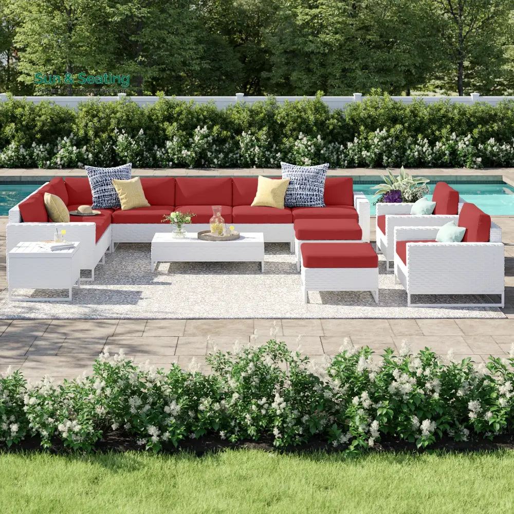 Angerona Outdoor Sofa Set 7 Seater 2 Single seater and 1 Center Table 1 Side Table With 2 Ottoman Set (White) Dark Red