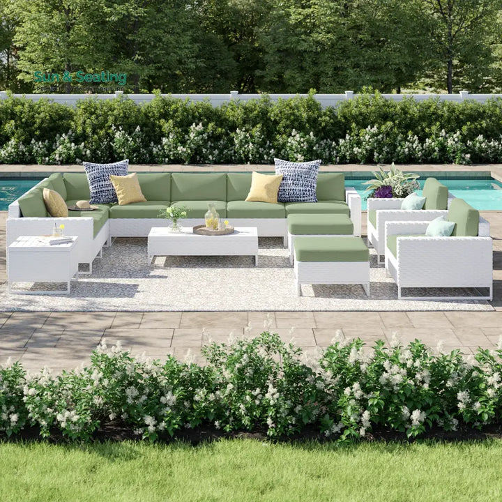 Angerona Outdoor Sofa Set 7 Seater 2 Single seater and 1 Center Table 1 Side Table With 2 Ottoman Set (White) Green