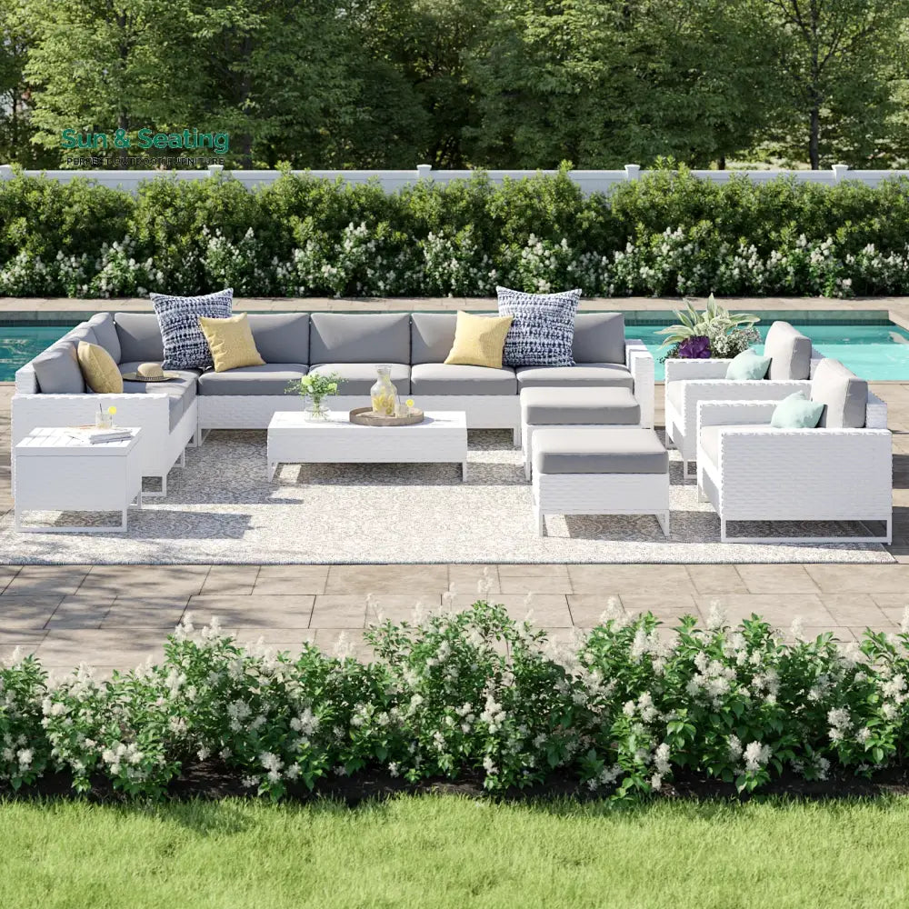 Angerona Outdoor Sofa Set 7 Seater 2 Single seater and 1 Center Table 1 Side Table With 2 Ottoman Set (White) Grey Sofa