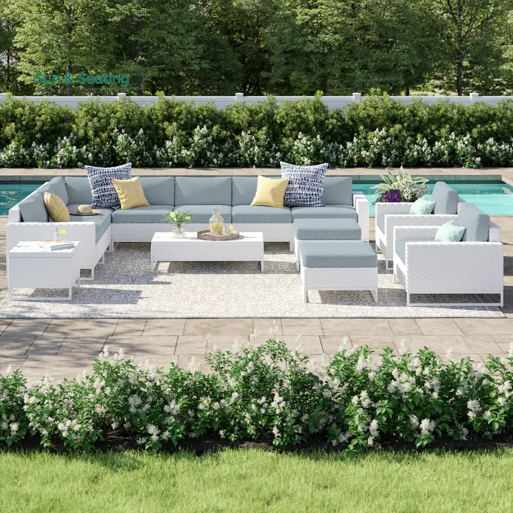 Angerona Outdoor Sofa Set 7 Seater 2 Single seater and 1 Center Table 1 Side Table With 2 Ottoman Set (White) Light