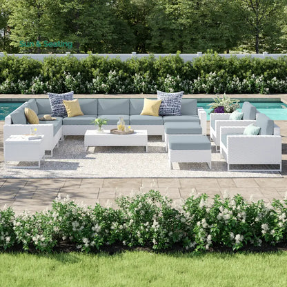 Angerona Outdoor Sofa Set 7 Seater 2 Single seater and 1 Center Table 1 Side Table With 2 Ottoman Set (White) Light