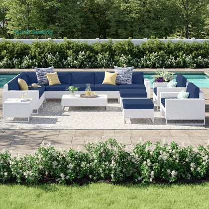 Angerona Outdoor Sofa Set 7 Seater 2 Single seater and 1 Center Table 1 Side Table With 2 Ottoman Set (White) Navy Blue