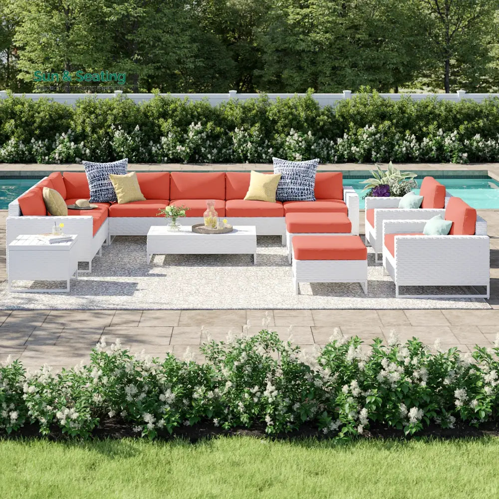 Angerona Outdoor Sofa Set 7 Seater 2 Single seater and 1 Center Table 1 Side Table With 2 Ottoman Set (White) Red Sofa
