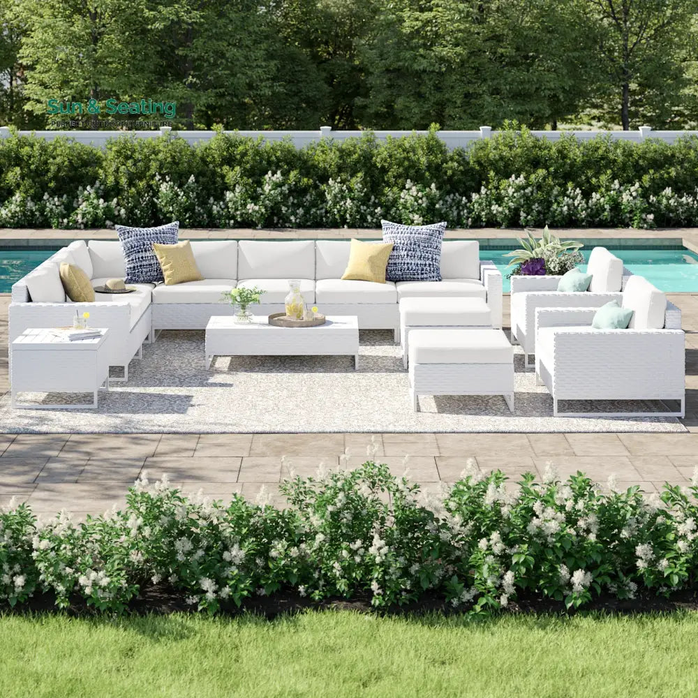 Angerona Outdoor Sofa Set 7 Seater 2 Single seater and 1 Center Table 1 Side Table With 2 Ottoman Set (White) White