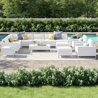 Angerona Outdoor Sofa Set 7 Seater 2 Single seater and 1 Center Table 1 Side Table With 2 Ottoman Set (White) White