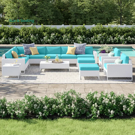 Angerona Outdoor Sofa Set 7 Seater 2 Single seater and 1 Center Table 1 Side Table With 2 Ottoman Set (White) Sky Blue