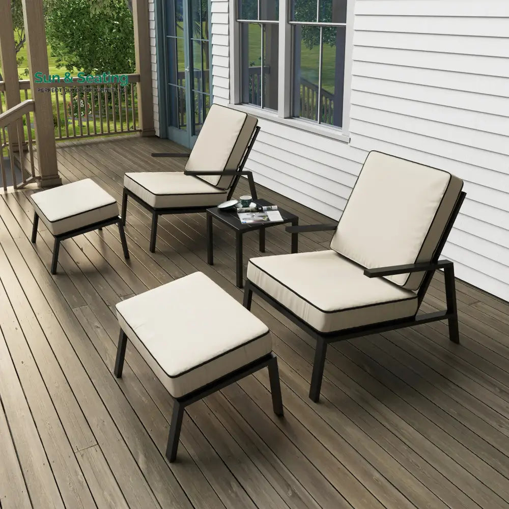 Archie Outdoor Patio Seating Set 2 Chairs 2 Ottoman and Table Set (Cream) Coffee Table Sets