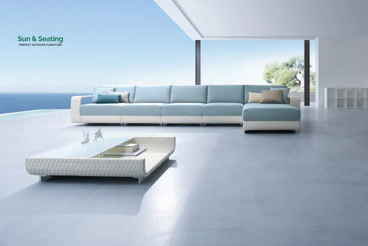 Aris Outdoor Garden Balcony Sofa Set 5 Seater,1 Center Table With 1 Ottoman Set (White + Sky Blue) Sofa Sets