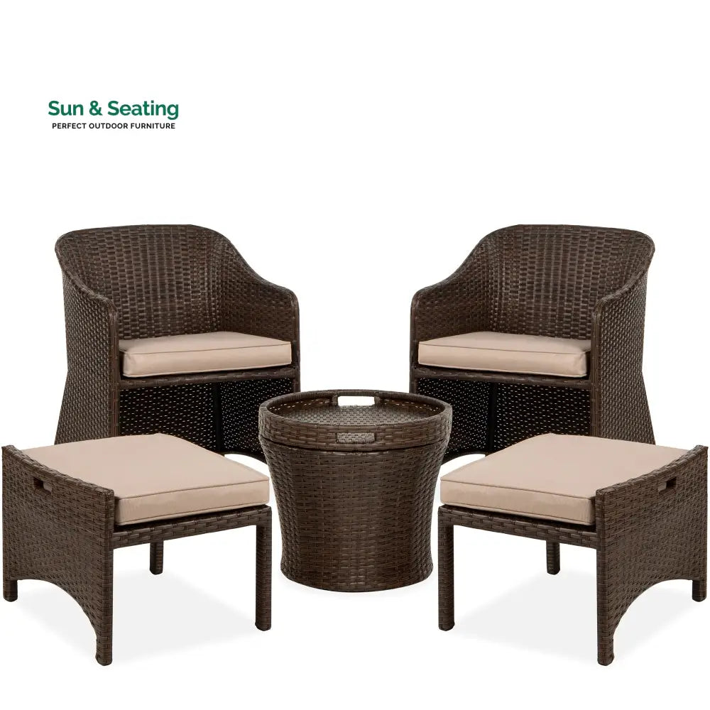 Arokya Outdoor Patio Seating Set 2 Chairs 2 Ottoman and Table Set (Brown) Coffee Table Sets