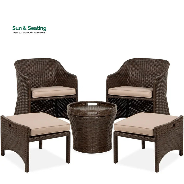 Arokya Outdoor Patio Seating Set 2 Chairs 2 Ottoman and Table Set (Brown) Coffee Table Sets