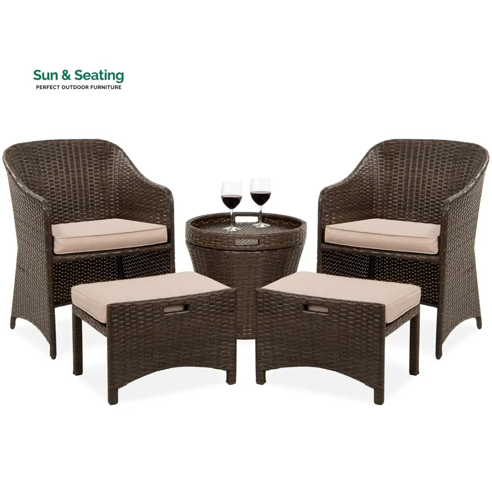 Arokya Outdoor Patio Seating Set 2 Chairs 2 Ottoman and Table Set (Brown) Coffee Table Sets