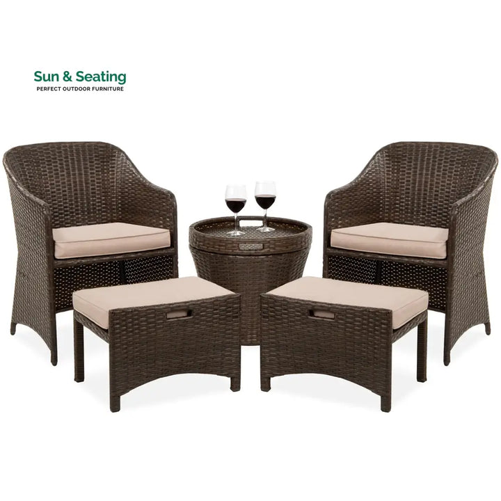 Arokya Outdoor Patio Seating Set 2 Chairs 2 Ottoman and Table Set (Brown) Coffee Table Sets