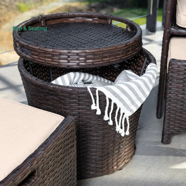 Arokya Outdoor Patio Seating Set 2 Chairs 2 Ottoman and Table Set (Brown) Coffee Table Sets