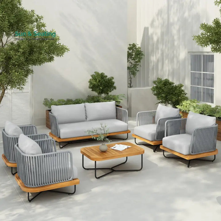 Arria Outdoor Garden Balcony Sofa Set 2 Seater,4 Single Seater With 1 Table Set Braid &amp; Rope (Grey + Grey) Sofa Sets
